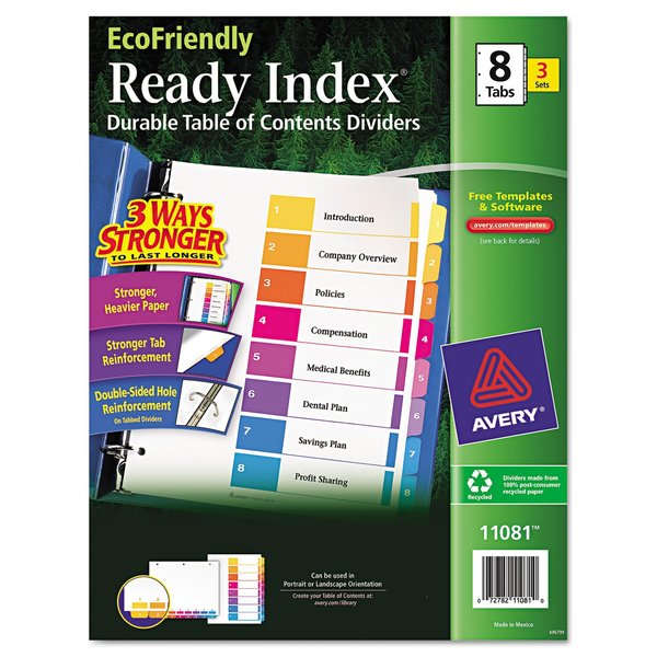 Avery Dennison Table of Contents Index Dividers 8 Tab, Recycled, PK3 11081